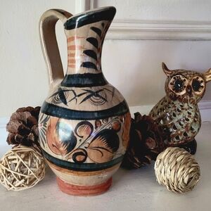 Vintage Tonala Mexican Folk Art Pottery Handpainted Water Pitcher Jug